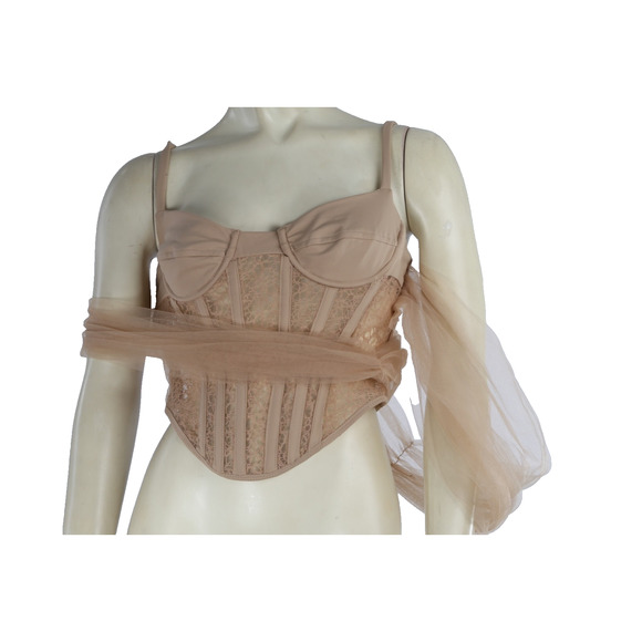 ALIEVA Corset Top Paris Beige Nylon Lace Tulle Detailed Cropped Size S - Picture 1 of 10